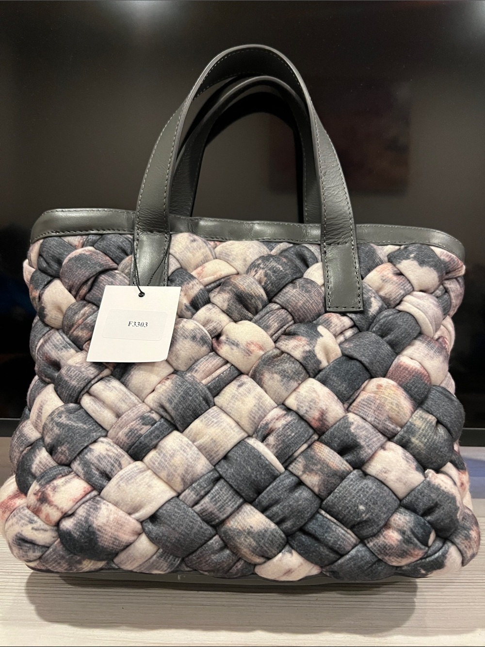Braided Plush Tote Bag in Gray and Pink